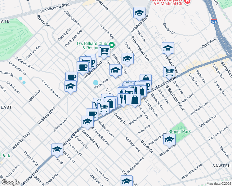 map of restaurants, bars, coffee shops, grocery stores, and more near 1415 Brockton Avenue in Los Angeles