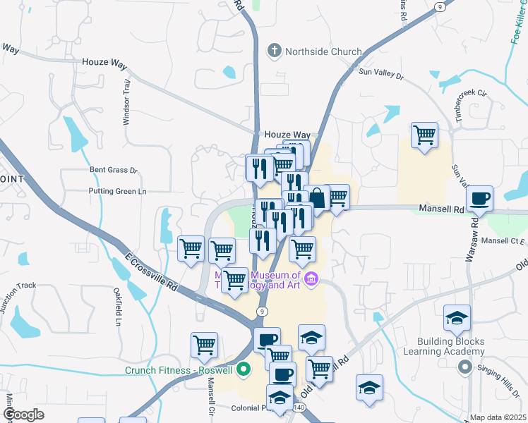 map of restaurants, bars, coffee shops, grocery stores, and more near 10775 Houze Road in Roswell