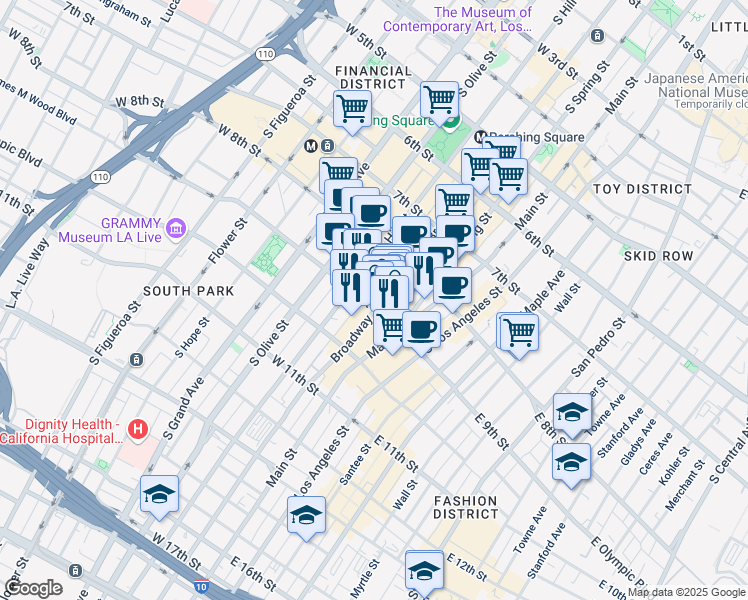 map of restaurants, bars, coffee shops, grocery stores, and more near 850 South Broadway in Los Angeles