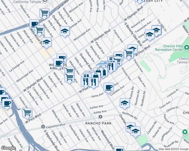 map of restaurants, bars, coffee shops, grocery stores, and more near 2361 Overland Avenue in Los Angeles