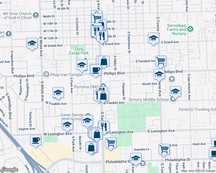 map of restaurants, bars, coffee shops, grocery stores, and more near 1589 Biscay Way in Pomona
