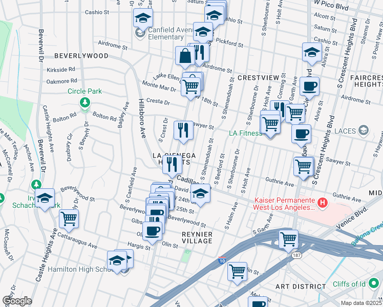 map of restaurants, bars, coffee shops, grocery stores, and more near 1957 Preuss Road in Los Angeles