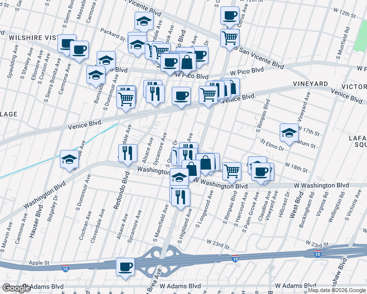 map of restaurants, bars, coffee shops, grocery stores, and more near 5006 Pickford Street in Los Angeles