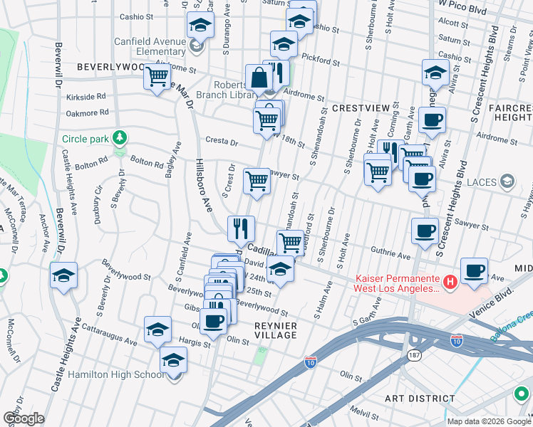 map of restaurants, bars, coffee shops, grocery stores, and more near Preuss Road in Los Angeles