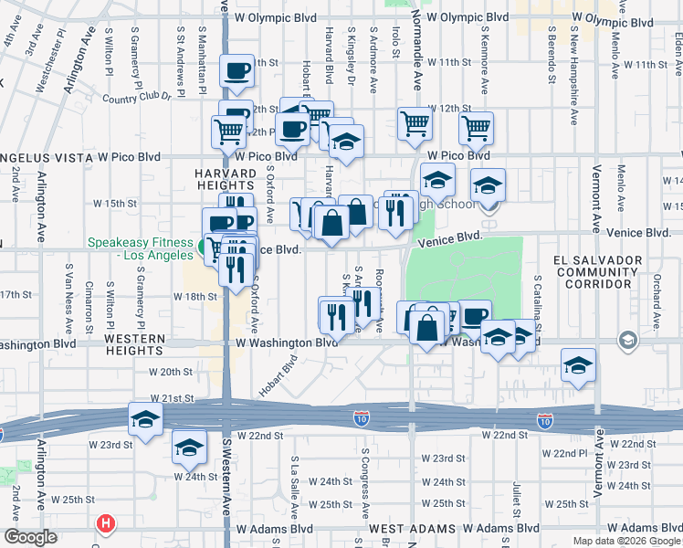 map of restaurants, bars, coffee shops, grocery stores, and more near 1701 South Kingsley Drive in Los Angeles