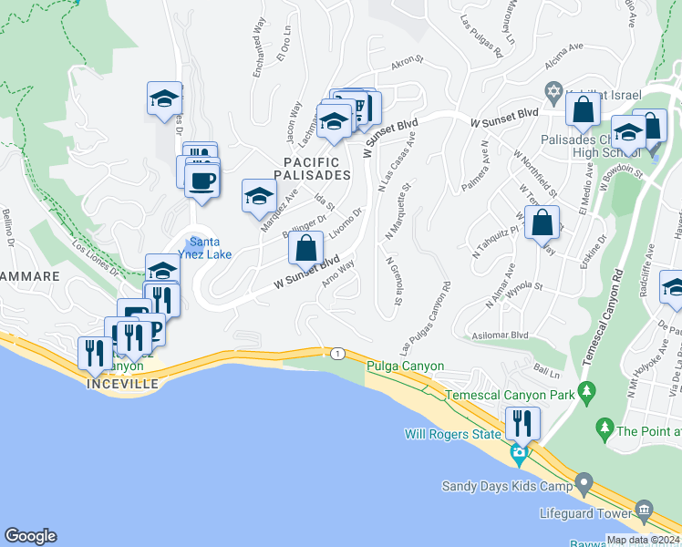 map of restaurants, bars, coffee shops, grocery stores, and more near 384 Arno Way in Los Angeles