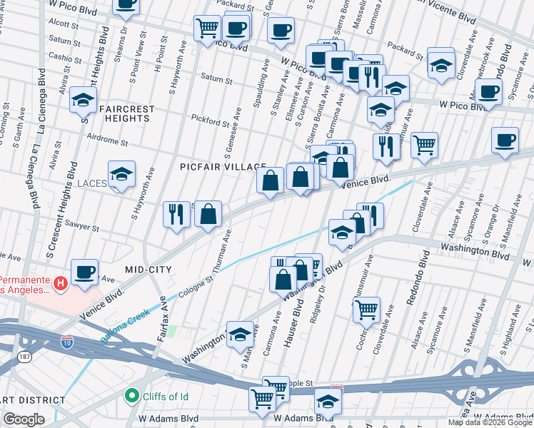 map of restaurants, bars, coffee shops, grocery stores, and more near 1821 South Curson Avenue in Los Angeles