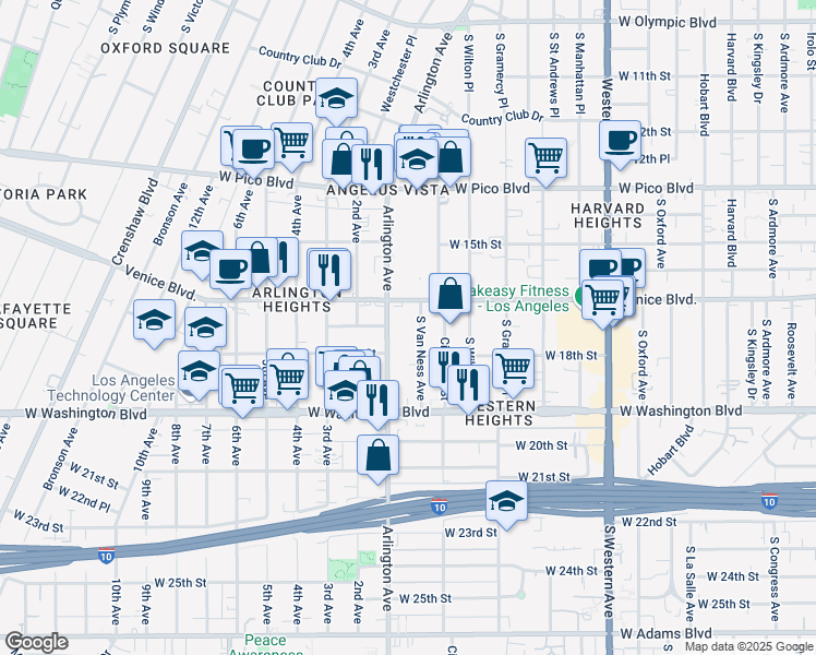 map of restaurants, bars, coffee shops, grocery stores, and more near 1629 South Van Ness Avenue in Los Angeles