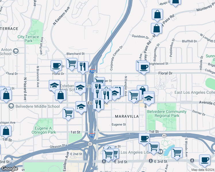 map of restaurants, bars, coffee shops, grocery stores, and more near 4549 East Hammel Street in East Los Angeles