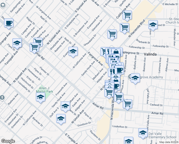 map of restaurants, bars, coffee shops, grocery stores, and more near 15014 Ragus Street in La Puente