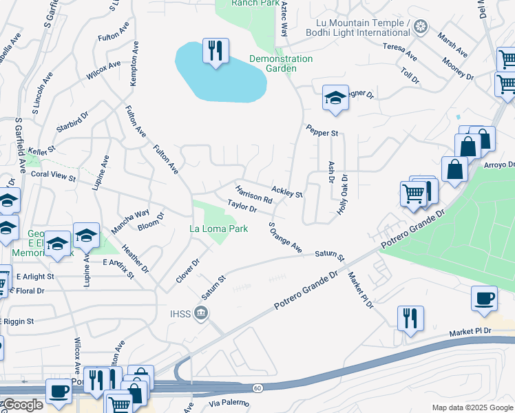 map of restaurants, bars, coffee shops, grocery stores, and more near 611 Taylor Drive in Monterey Park