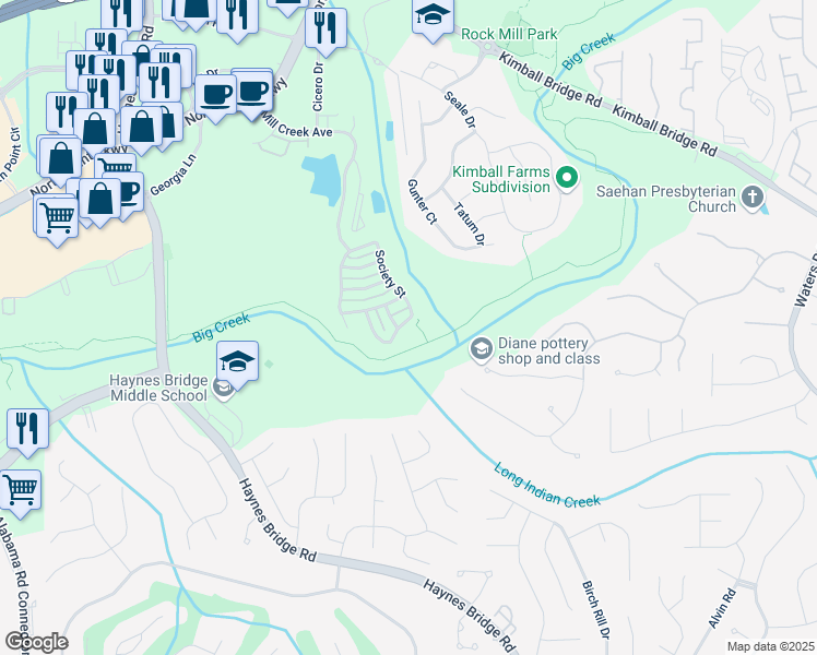 map of restaurants, bars, coffee shops, grocery stores, and more near 570 Society Street in Alpharetta