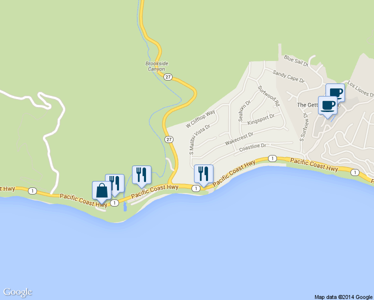 map of restaurants, bars, coffee shops, grocery stores, and more near 3833 Malibu Vista Drive in Malibu