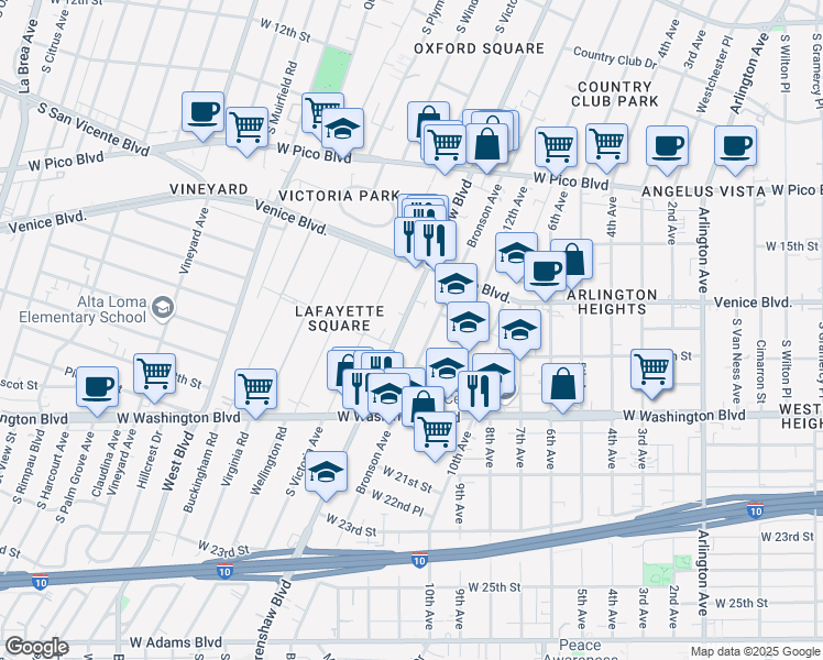 map of restaurants, bars, coffee shops, grocery stores, and more near 1726 Crenshaw Boulevard in Los Angeles