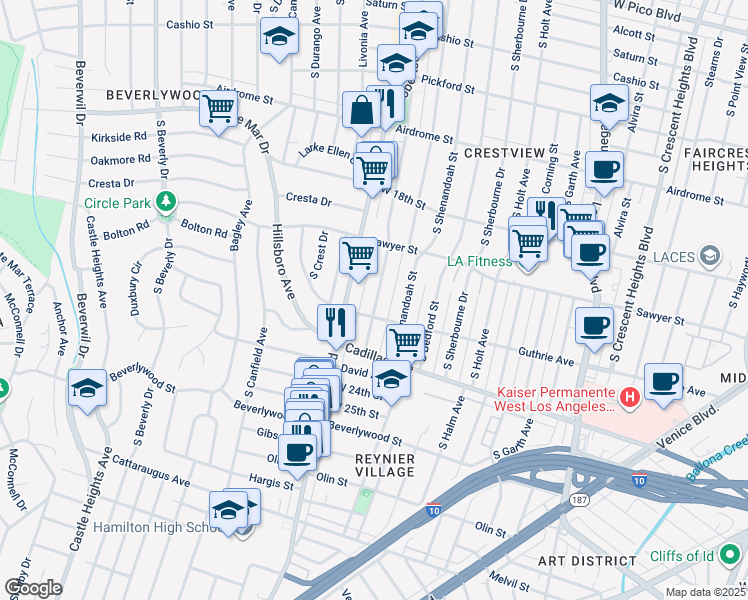 map of restaurants, bars, coffee shops, grocery stores, and more near 1957 Preuss Road in Los Angeles