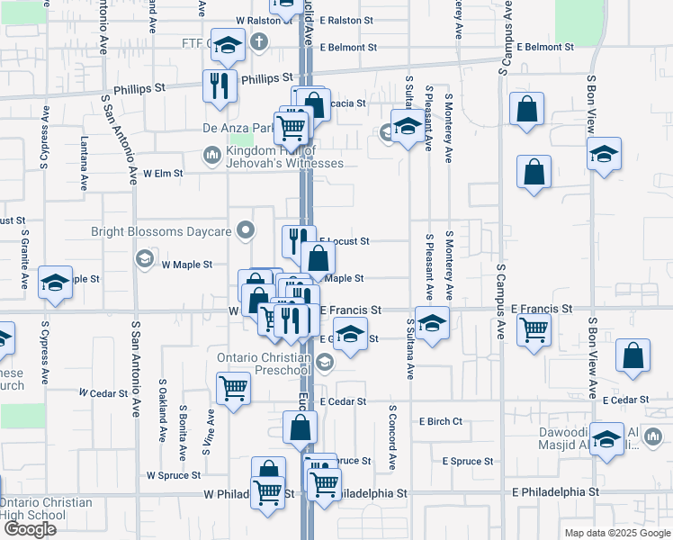map of restaurants, bars, coffee shops, grocery stores, and more near 133 East Maple Street in Ontario
