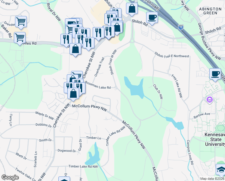map of restaurants, bars, coffee shops, grocery stores, and more near 3685 Bozeman Lake Road in Kennesaw