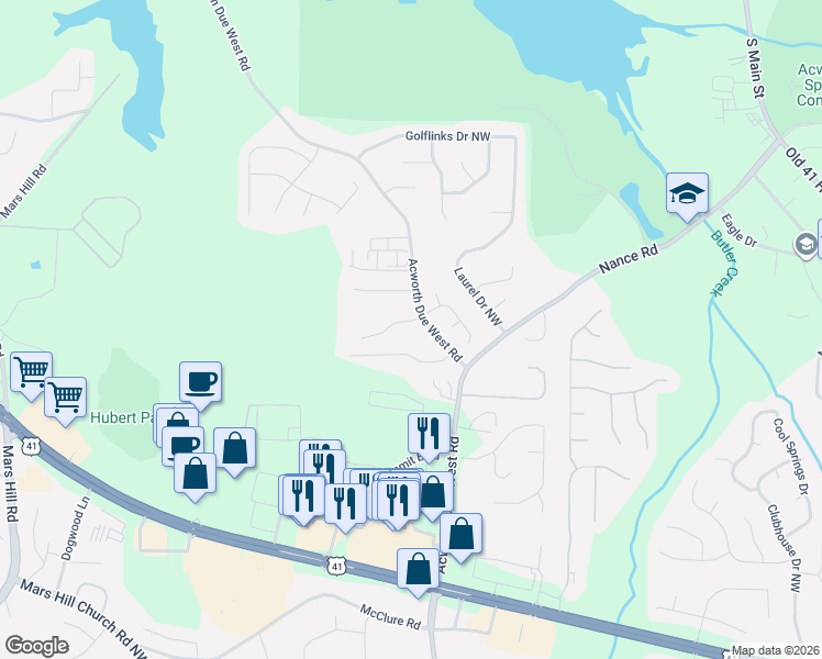 map of restaurants, bars, coffee shops, grocery stores, and more near 4211 North Bend Drive Northwest in Acworth