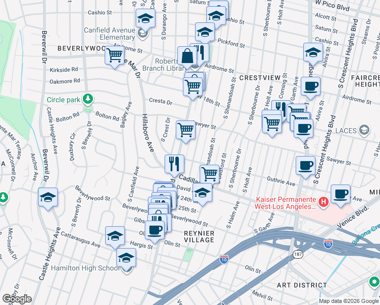 map of restaurants, bars, coffee shops, grocery stores, and more near 1957 Preuss Road in Los Angeles