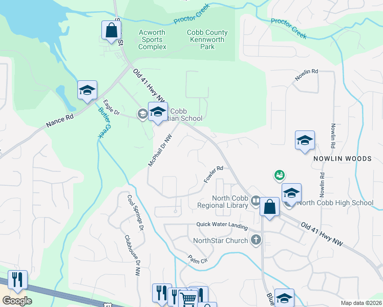 map of restaurants, bars, coffee shops, grocery stores, and more near 3670 Devon Park in Kennesaw
