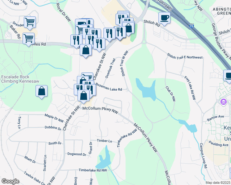map of restaurants, bars, coffee shops, grocery stores, and more near 3715 Bozeman Lake Road in Kennesaw
