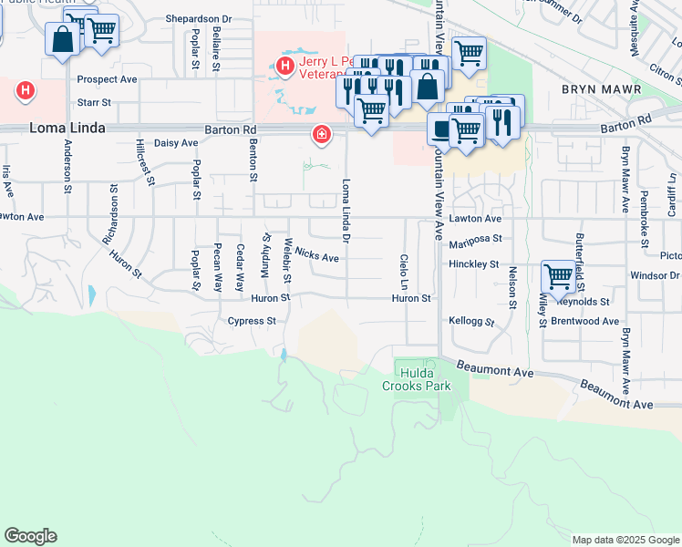 map of restaurants, bars, coffee shops, grocery stores, and more near 25488 Orange Crest Way in Loma Linda