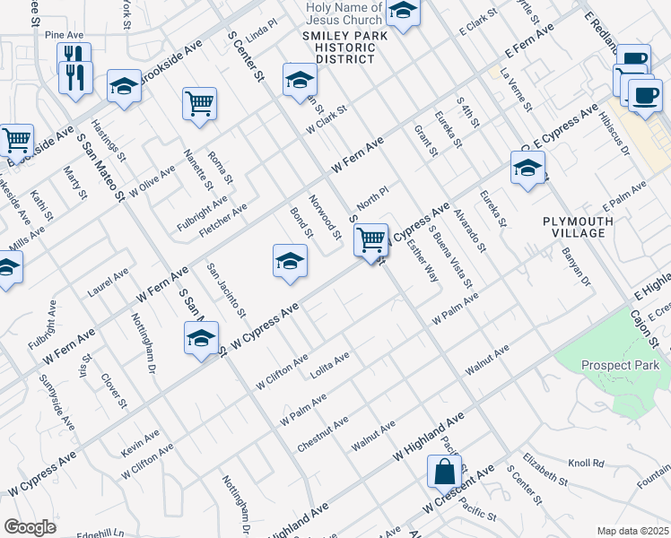 map of restaurants, bars, coffee shops, grocery stores, and more near 828 West Cypress Avenue in Redlands