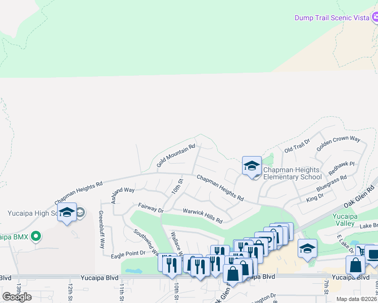 map of restaurants, bars, coffee shops, grocery stores, and more near 33369 Gold Mountain Road in Yucaipa