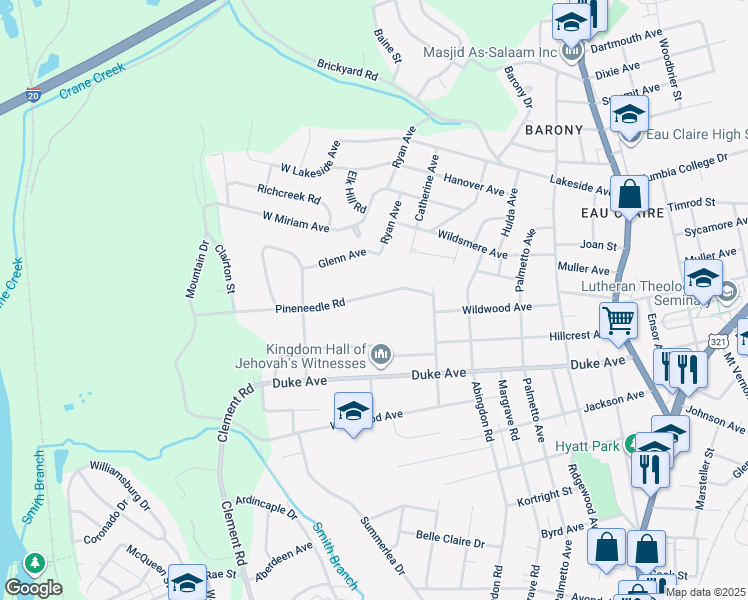 map of restaurants, bars, coffee shops, grocery stores, and more near 404 Pineneedle Road in Columbia