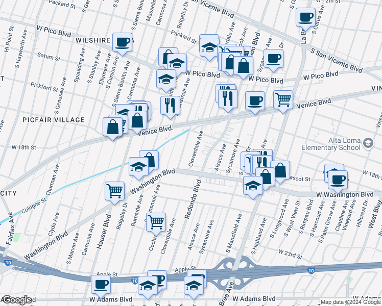 map of restaurants, bars, coffee shops, grocery stores, and more near 1851 Cloverdale Avenue in Los Angeles