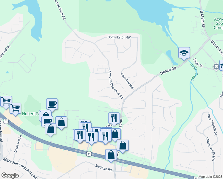 map of restaurants, bars, coffee shops, grocery stores, and more near 4211 North Bend Drive Northwest in Acworth