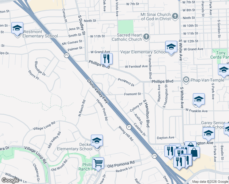 map of restaurants, bars, coffee shops, grocery stores, and more near 1333 Fremont Street in Pomona