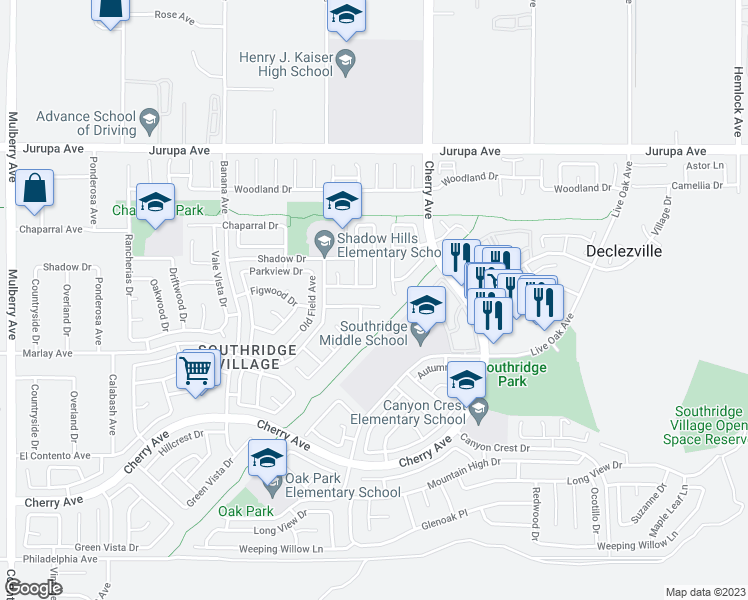 map of restaurants, bars, coffee shops, grocery stores, and more near 14424 Figwood Drive in Fontana