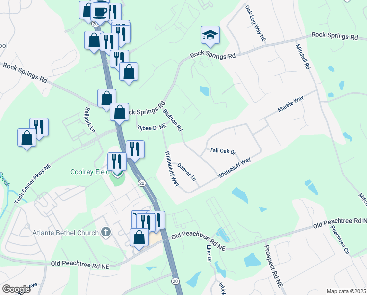 map of restaurants, bars, coffee shops, grocery stores, and more near 2640 Bluffton Road in Buford