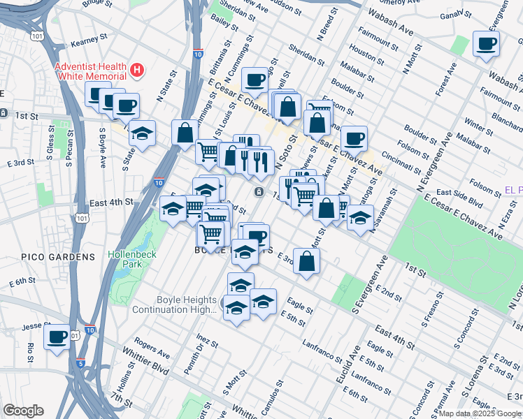 map of restaurants, bars, coffee shops, grocery stores, and more near 132 South Soto Street in Los Angeles