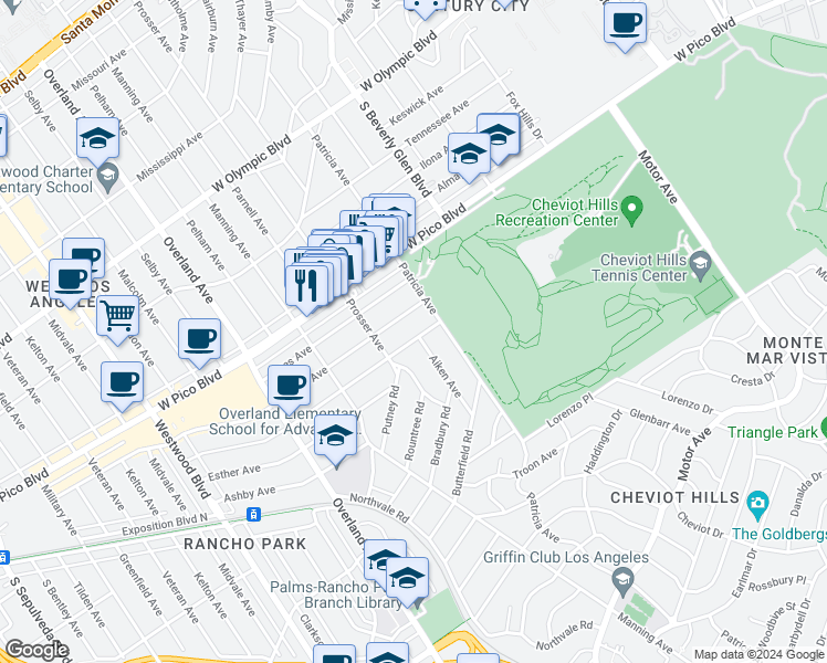 map of restaurants, bars, coffee shops, grocery stores, and more near in Los Angeles