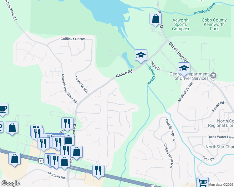 map of restaurants, bars, coffee shops, grocery stores, and more near 372 Darter Point Northwest in Kennesaw