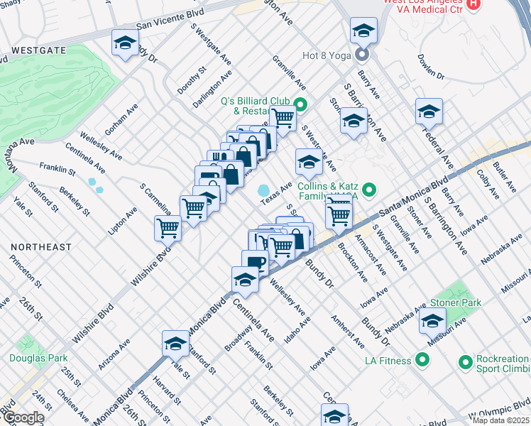 map of restaurants, bars, coffee shops, grocery stores, and more near 1316 South Bundy Drive in Los Angeles