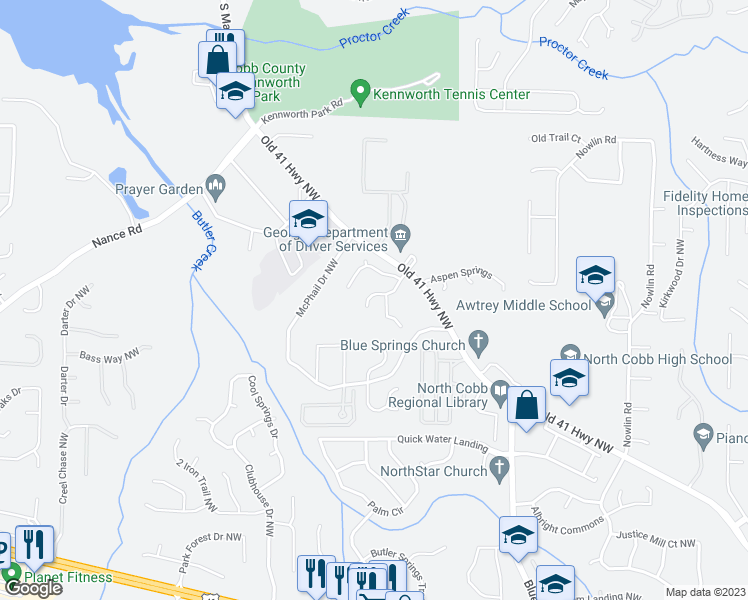 map of restaurants, bars, coffee shops, grocery stores, and more near 3670 Devon Park Lane Northwest in Kennesaw