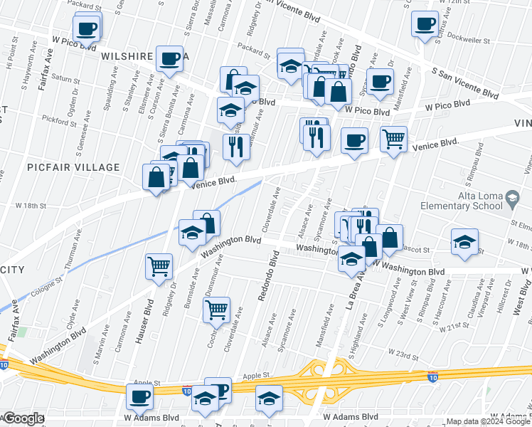 map of restaurants, bars, coffee shops, grocery stores, and more near 1851 Cloverdale Avenue in Los Angeles