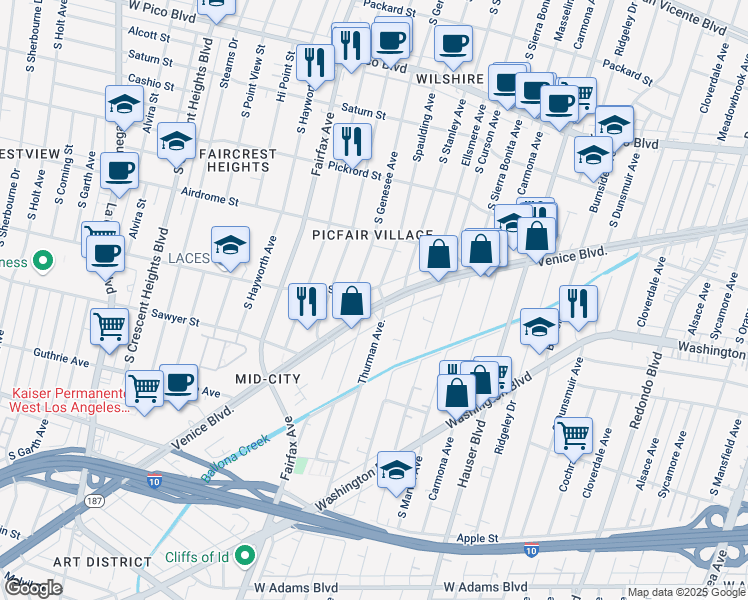 map of restaurants, bars, coffee shops, grocery stores, and more near 5811 Venice Boulevard in Los Angeles