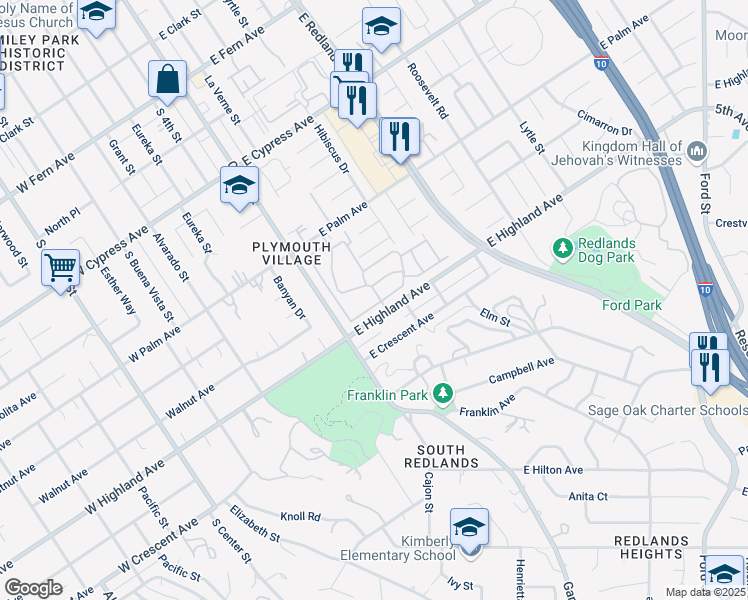 map of restaurants, bars, coffee shops, grocery stores, and more near 35 Carver Drive in Redlands