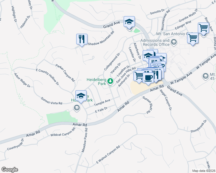 map of restaurants, bars, coffee shops, grocery stores, and more near 20359 Lake Erie Drive in Walnut