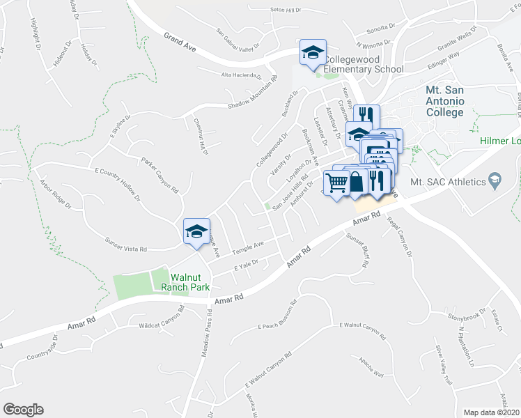 map of restaurants, bars, coffee shops, grocery stores, and more near 20359 Lake Erie Drive in Walnut