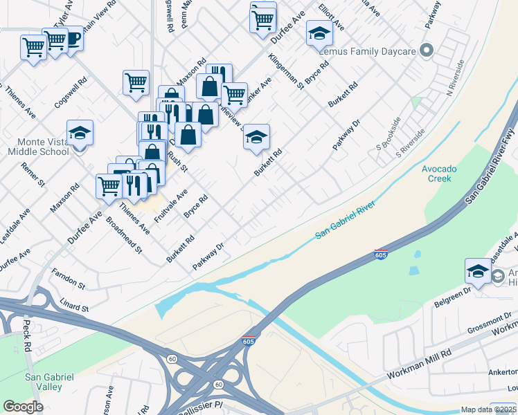map of restaurants, bars, coffee shops, grocery stores, and more near 2027 Parkway Drive in El Monte