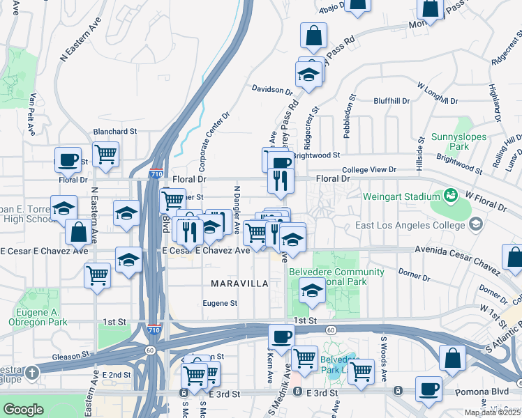 map of restaurants, bars, coffee shops, grocery stores, and more near 4729 East Hammel Street in East Los Angeles