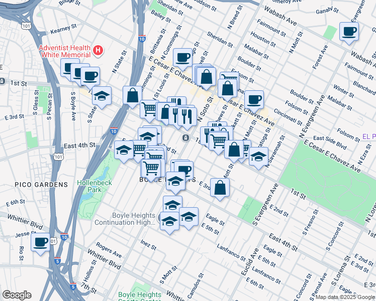 map of restaurants, bars, coffee shops, grocery stores, and more near 150 South Soto Street in Los Angeles