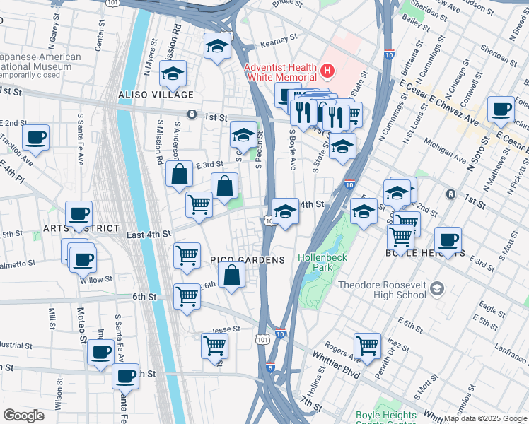 map of restaurants, bars, coffee shops, grocery stores, and more near 430 South Pecan Street in Los Angeles