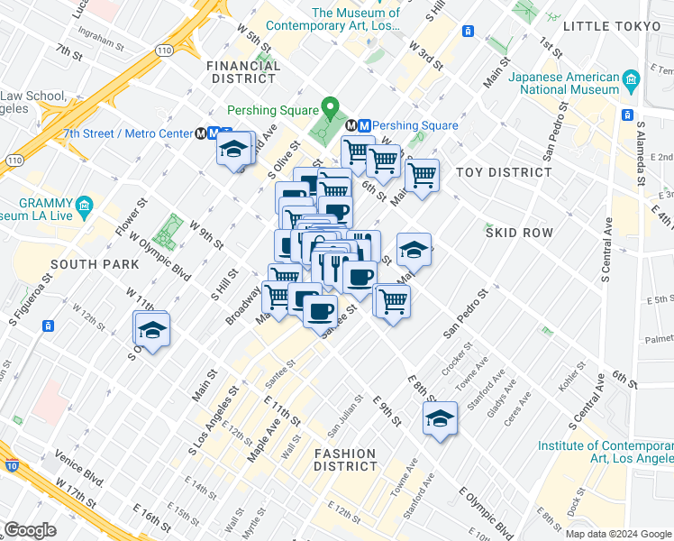 map of restaurants, bars, coffee shops, grocery stores, and more near 113 East 8th Street in Los Angeles