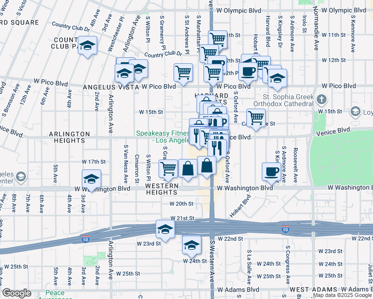 map of restaurants, bars, coffee shops, grocery stores, and more near 1630 South Saint Andrews Place in Los Angeles